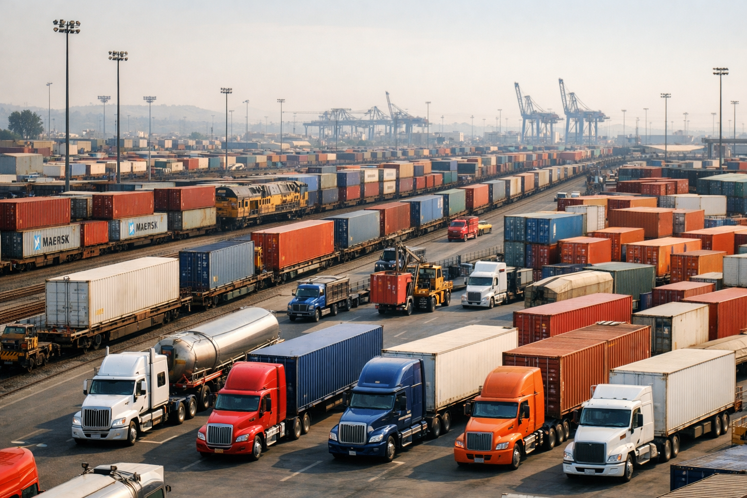 photographic The image depicts a bustling transportation hub filled with trucks shipping containers and freight trains