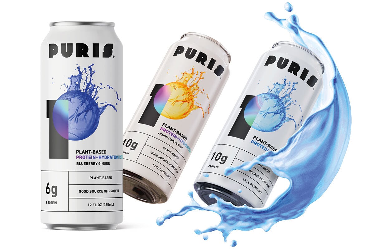PURIS HiLo cans with orange and blue beverages