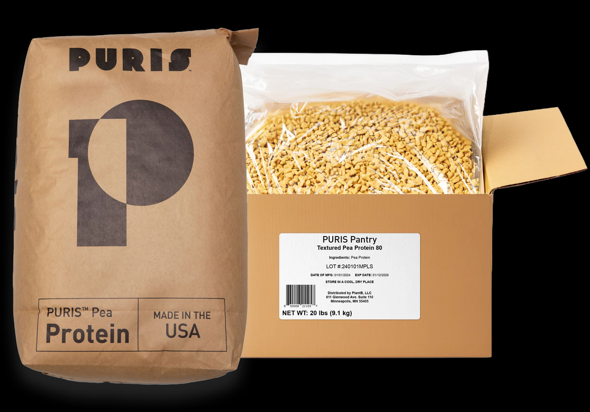 Brown PURIS pea protein bag next to box of extruded protein in plastic bag