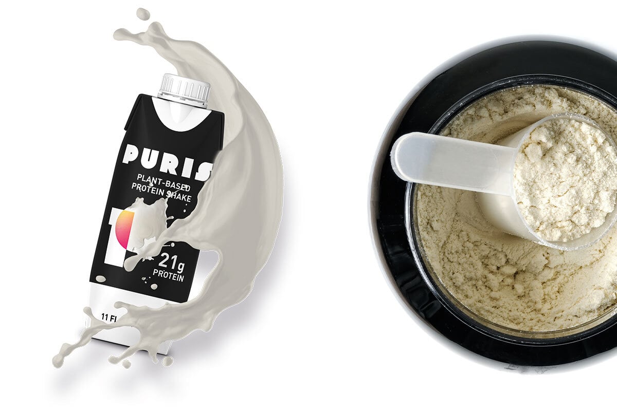 RTD Protein shake with 21g protein and milk splash next to scoop of protein