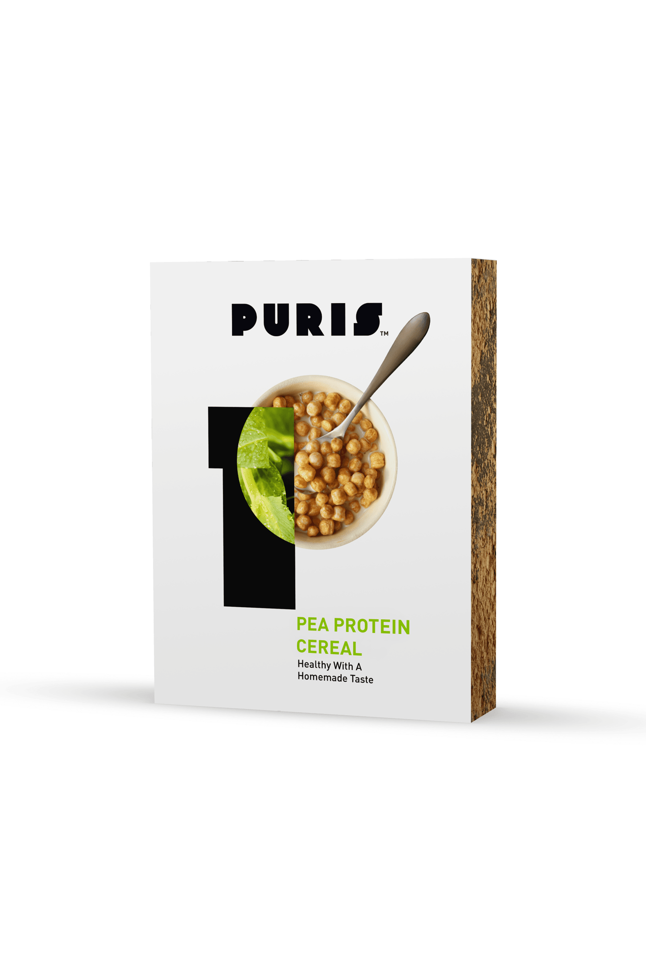 PURIS pea protein cereal box with bowl of golden cereal and green pea leaf, tagline 