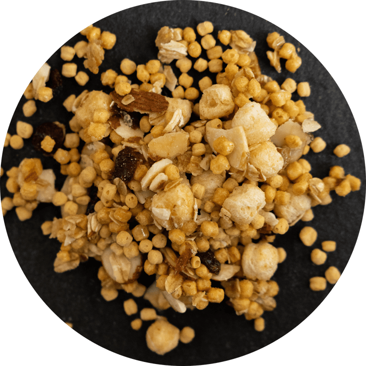 Pea protein granola mix with oats, nuts, raisins, and golden pea protein crisps on a dark surface