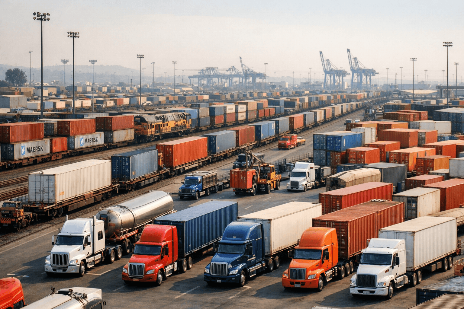 Busy shipping port with cargo trucks, freight trains, and stacked shipping containers under industrial cranes.