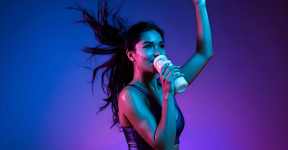 Woman in club dances while holding a protein shake